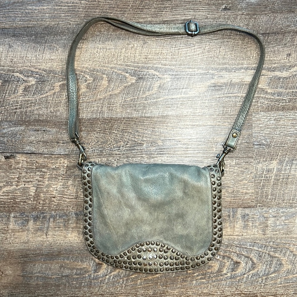 Vera Pelle Weathered Sage Green Purse. Adjustable Strap. Metal Stud Trim.